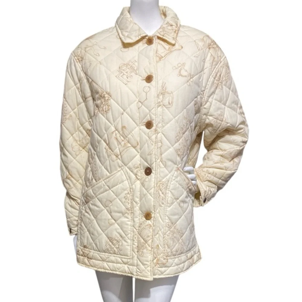 Lauren Ralph Lauren Quilted Cream Equestrian Print Button Utility Jacket Medium